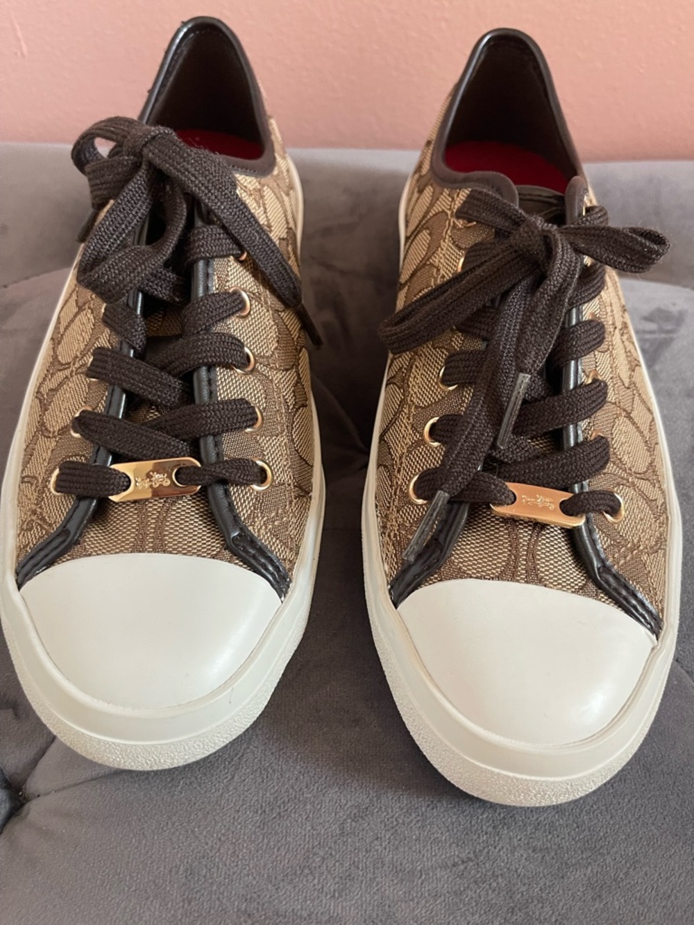 Coach Brown Signature Canvas Low-Top Sneakers with White Toe